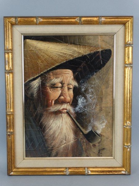 Deep throat x files character Asian man lighting cigarette oil painting
